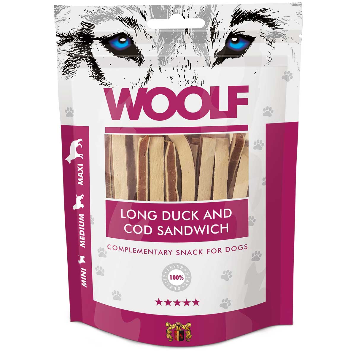 Woolf snack câini cu carne de rață și cod
