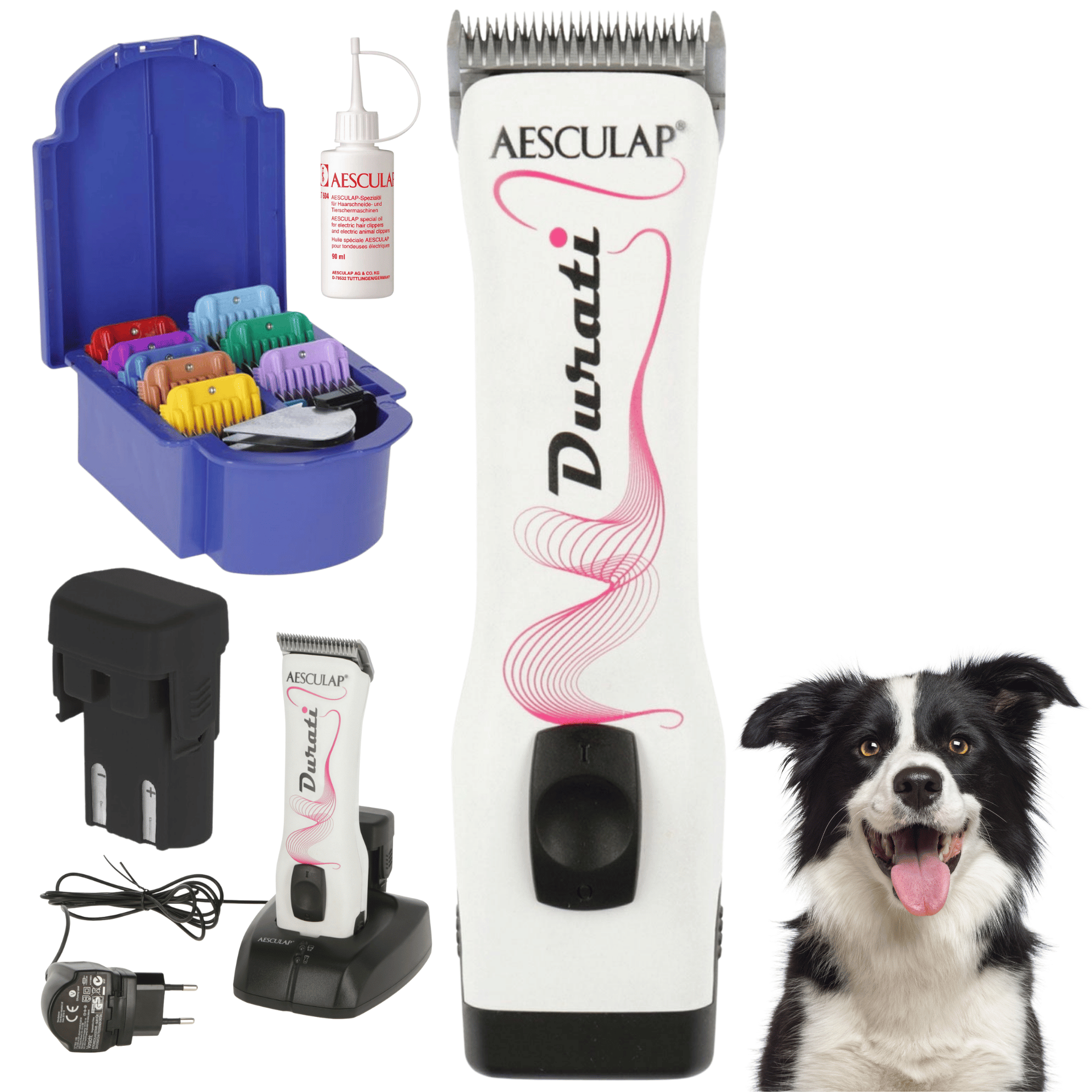Aesculap Durati Pro White mașină de tuns cu set de pieptene atașat Aesculap Durati Pro White mașină de tuns cu set de pieptene atașat