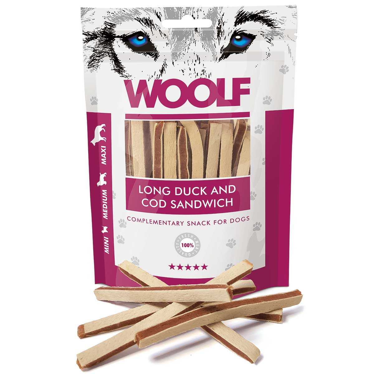 Woolf snack câini cu carne de rață și cod