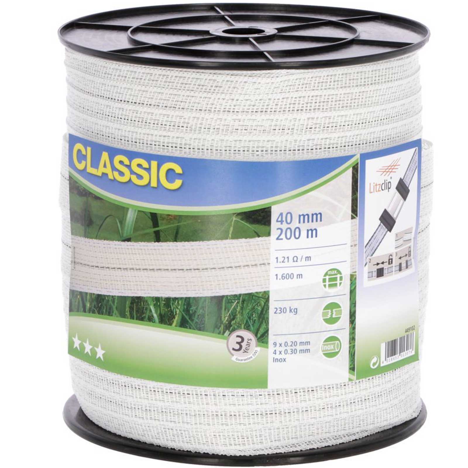 bandă pentru gard electric Classic 200 m 40 mm 9x0,20 + 4x0,30 Niro alb