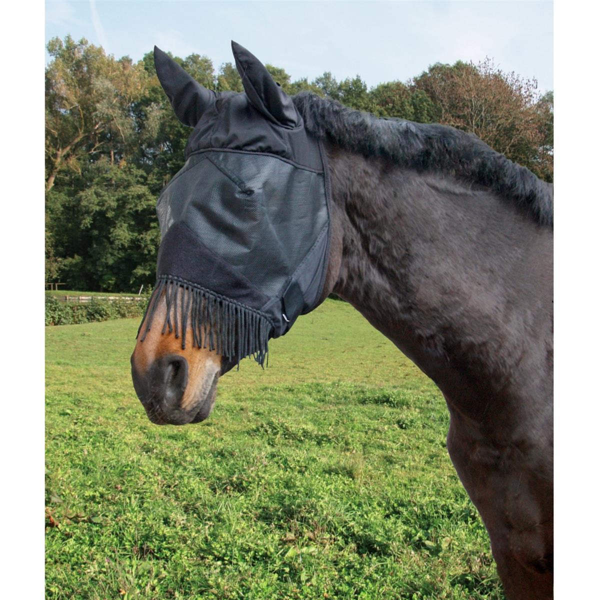 Mască cai anti muște cu protecție pentru urechi și nas negru P